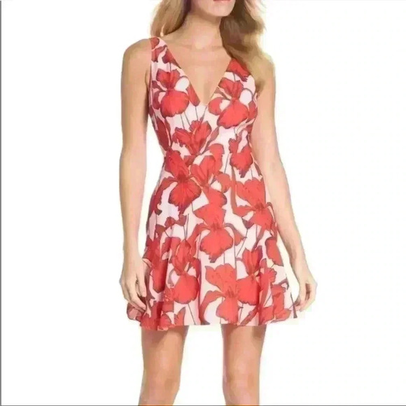Chelsea28 Pink Red Floral Orchid Iris Fit and Flare Dress Size 12 - Picture 1 of 9